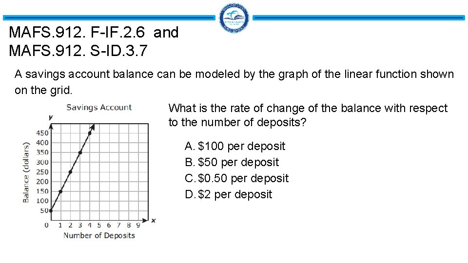 MAFS. 912. F-IF. 2. 6 and MAFS. 912. S-ID. 3. 7 A savings account