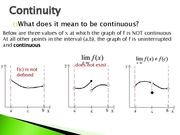 Continuity � What does it mean to be continuous? Below are three values of