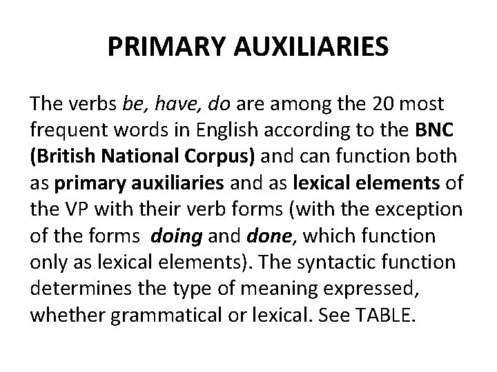 PRIMARY AUXILIARIES The verbs be, have, do are among the 20 most frequent words