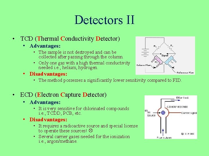 Detectors II • TCD (Thermal Conductivity Detector) • Advantages: • The sample is not