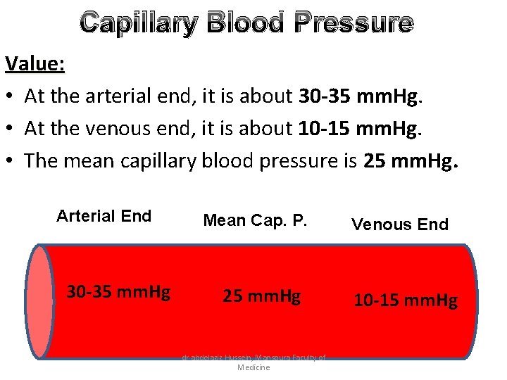 Capillary Blood Pressure Value: • At the arterial end, it is about 30 -35