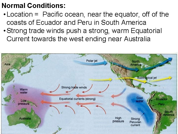 Normal Conditions: • Location = Pacific ocean, near the equator, off of the coasts Normal Conditions: • Location = Pacific ocean, near the equator, off of the coasts