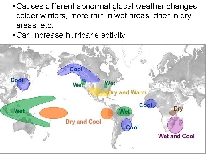 • Causes different abnormal global weather changes – colder winters, more rain in  • Causes different abnormal global weather changes – colder winters, more rain in