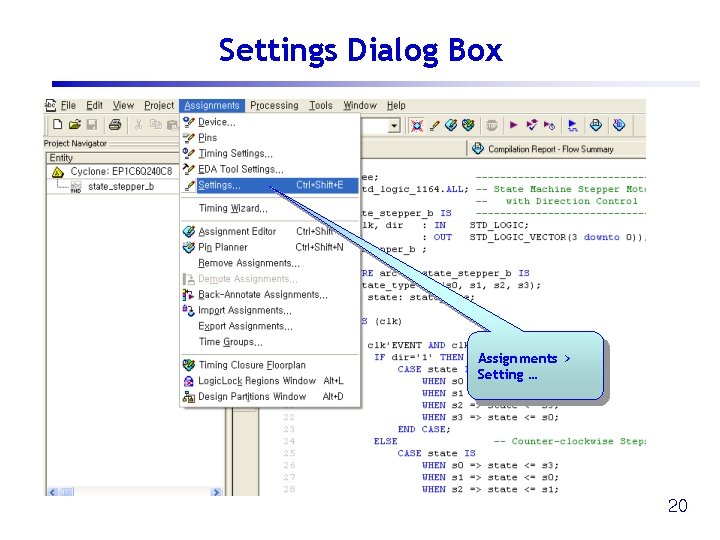 Settings Dialog Box Assignments > Setting … 20 
