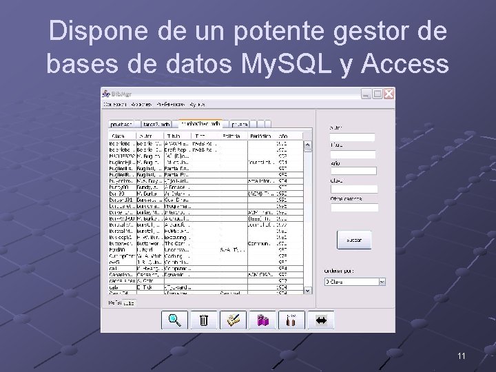 Dispone de un potente gestor de bases de datos My. SQL y Access 11