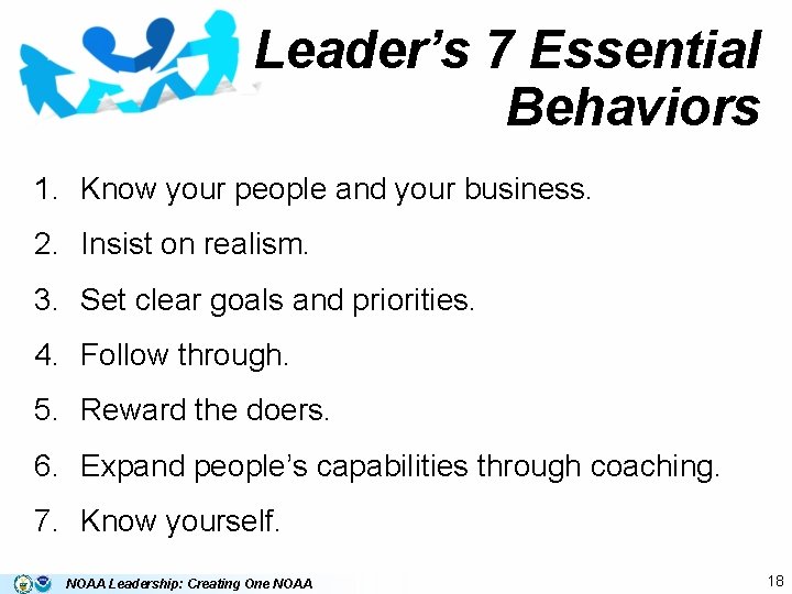Leader’s 7 Essential Behaviors 1. Know your people and your business. 2. Insist on