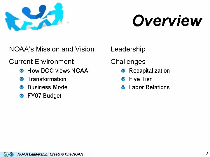 Overview NOAA’s Mission and Vision Leadership Current Environment Challenges How DOC views NOAA Transformation