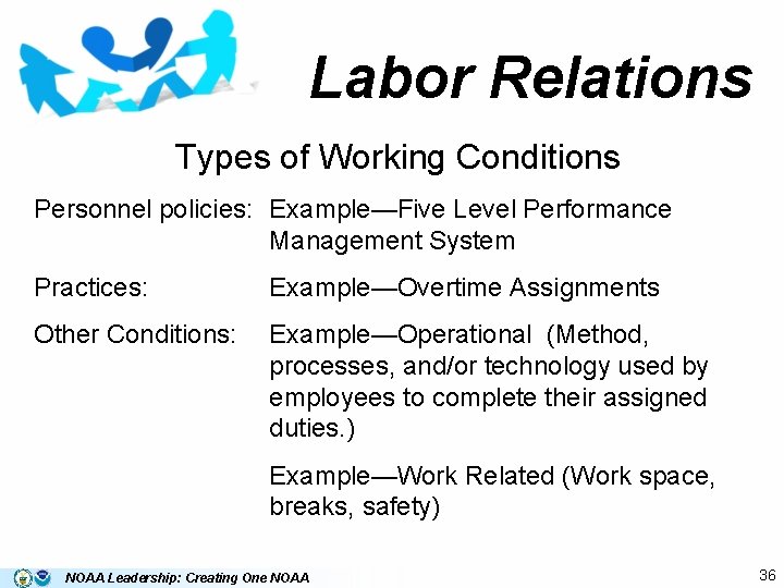 Labor Relations Types of Working Conditions Personnel policies: Example—Five Level Performance Management System Practices: