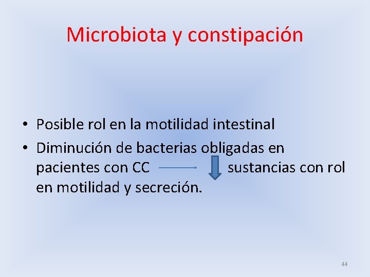 Microbiota y constipación • Posible rol en la motilidad intestinal • Diminución de bacterias