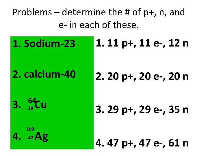 Problems – determine the # of p+, n, and e- in each of these.