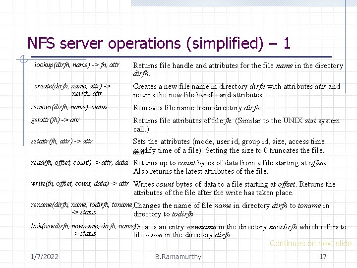 NFS server operations (simplified) – 1 lookup(dirfh, name) -> fh, attr Returns file handle