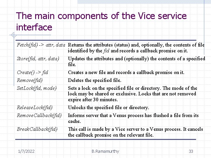 The main components of the Vice service interface Fetch(fid) -> attr, data Returns the