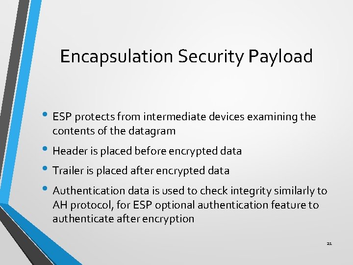 Encapsulation Security Payload • ESP protects from intermediate devices examining the contents of the