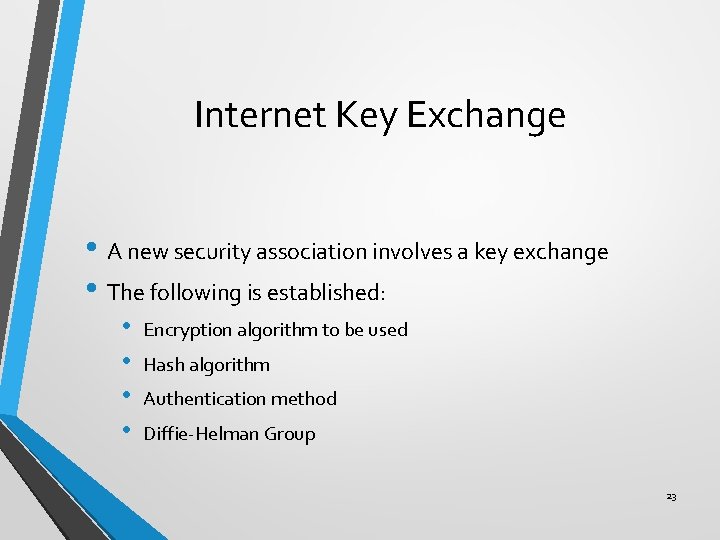 Internet Key Exchange • A new security association involves a key exchange • The