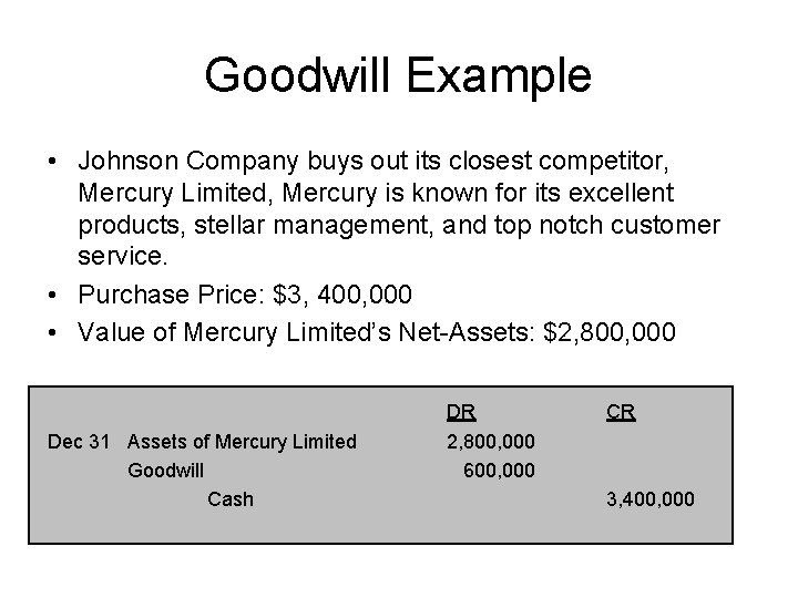 Goodwill Example • Johnson Company buys out its closest competitor, Mercury Limited, Mercury is