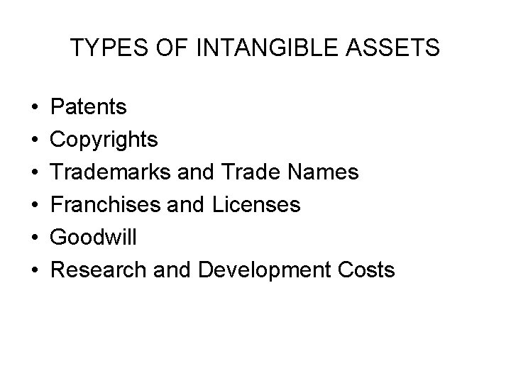 TYPES OF INTANGIBLE ASSETS • • • Patents Copyrights Trademarks and Trade Names Franchises