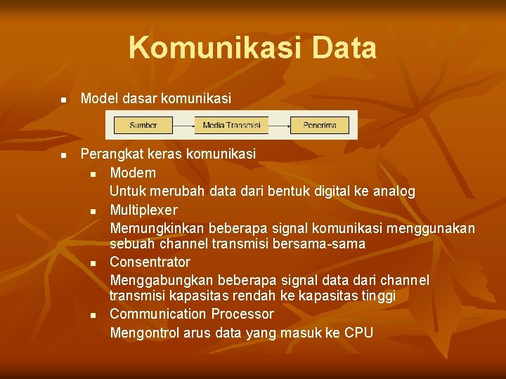 Komunikasi Data n n Model dasar komunikasi Perangkat keras komunikasi n Modem Untuk merubah