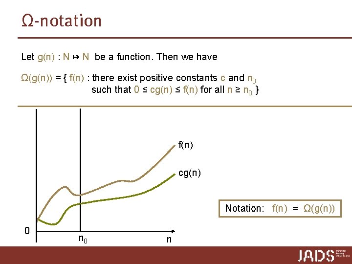 Ω-notation Let g(n) : N ↦ N be a function. Then we have Ω(g(n)) Ω-notation Let g(n) : N ↦ N be a function. Then we have Ω(g(n))