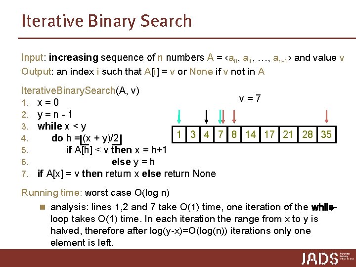 Iterative Binary Search Input: increasing sequence of n numbers A = ‹a 0, a Iterative Binary Search Input: increasing sequence of n numbers A = ‹a 0, a
