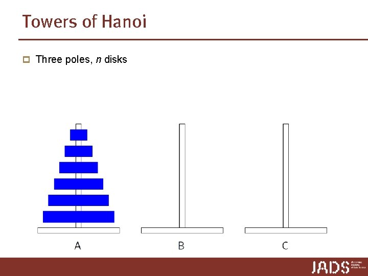 Towers of Hanoi p Three poles, n disks Towers of Hanoi p Three poles, n disks