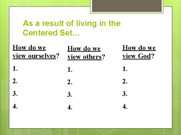 As a result of living in the Centered Set… How do we view ourselves? As a result of living in the Centered Set… How do we view ourselves?