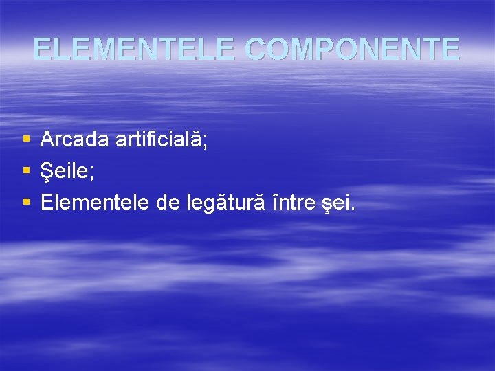 ELEMENTELE COMPONENTE § § § Arcada artificială; Şeile; Elementele de legătură între şei. 