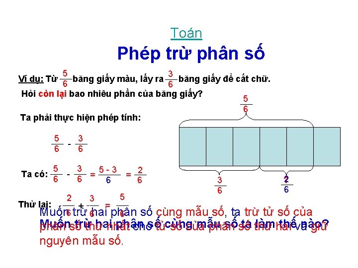 Toán Phép trừ phân số 5 3 băng giấy màu, lấy ra băng giấy