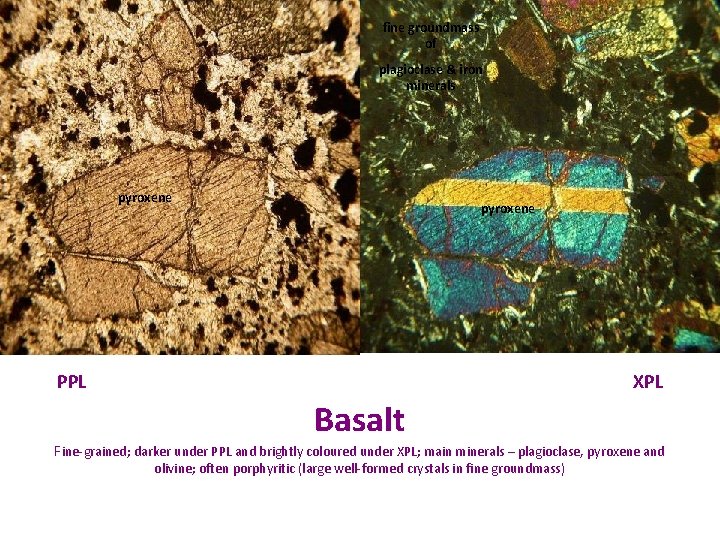 fine groundmass of plagioclase & iron minerals pyroxene PPL XPL Basalt Fine-grained; darker under