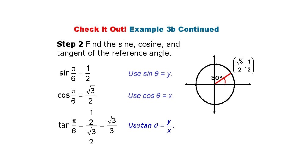 Check It Out! Example 3 b Continued Step 2 Find the sine, cosine, and