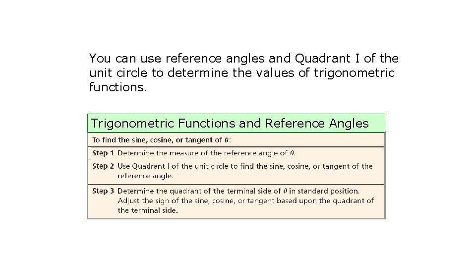 You can use reference angles and Quadrant I of the unit circle to determine