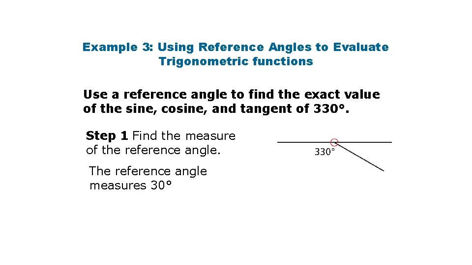 Example 3: Using Reference Angles to Evaluate Trigonometric functions Use a reference angle to