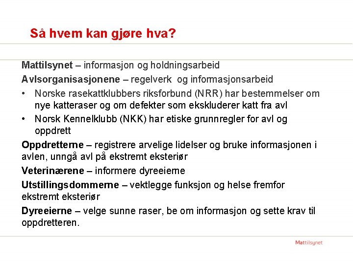 Så hvem kan gjøre hva? Mattilsynet – informasjon og holdningsarbeid Avlsorganisasjonene – regelverk og