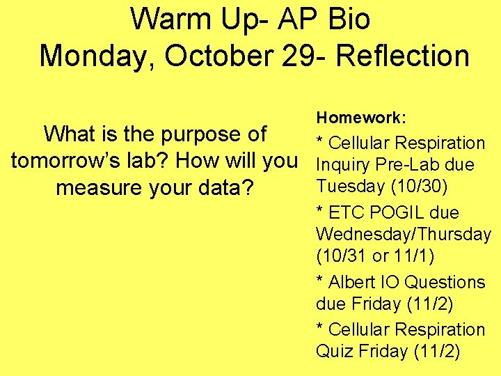 Warm Up- AP Bio Monday, October 29 - Reflection Homework: What is the purpose