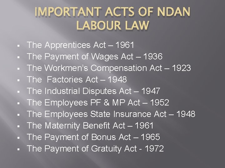 IMPORTANT ACTS OF NDAN LABOUR LAW § § § § § The Apprentices Act