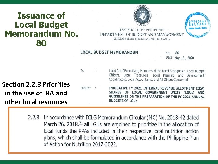 Issuance of Local Budget Memorandum No. 80 Section 2. 2. 8 Priorities in the