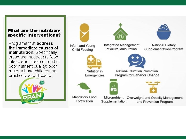 What are the nutritionspecific interventions? Programs that address the immediate causes of malnutrition. Specifically,