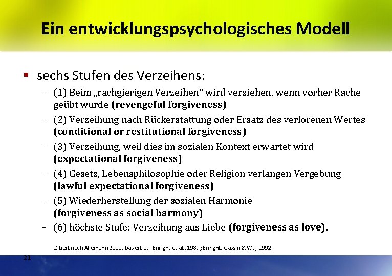 Ein entwicklungspsychologisches Modell § sechs Stufen des Verzeihens: – (1) Beim „rachgierigen Verzeihen“ wird