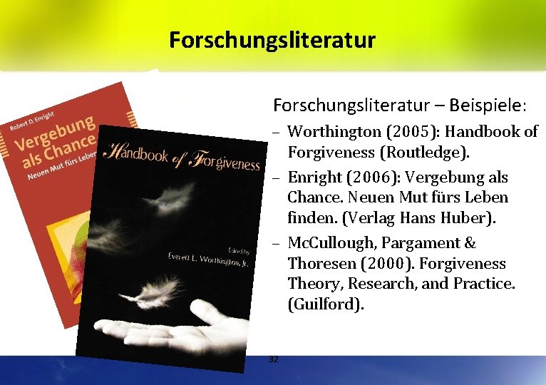 Forschungsliteratur – Beispiele: – Worthington (2005): Handbook of Forgiveness (Routledge). – Enright (2006): Vergebung