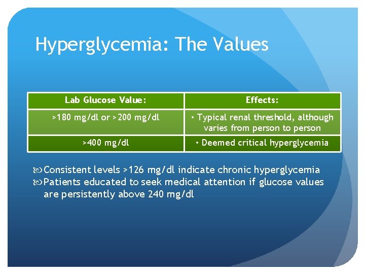 Hyperglycemia: The Values Lab Glucose Value: Effects: >180 mg/dl or >200 mg/dl • Typical