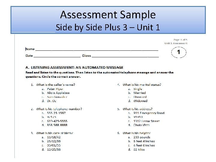 Assessment Sample Side by Side Plus 3 – Unit 1 