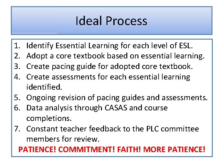 Ideal Process 1. 2. 3. 4. Identify Essential Learning for each level of ESL.