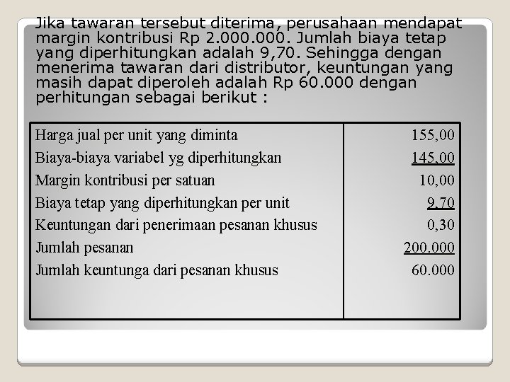 Jika tawaran tersebut diterima, perusahaan mendapat margin kontribusi Rp 2. 000. Jumlah biaya tetap