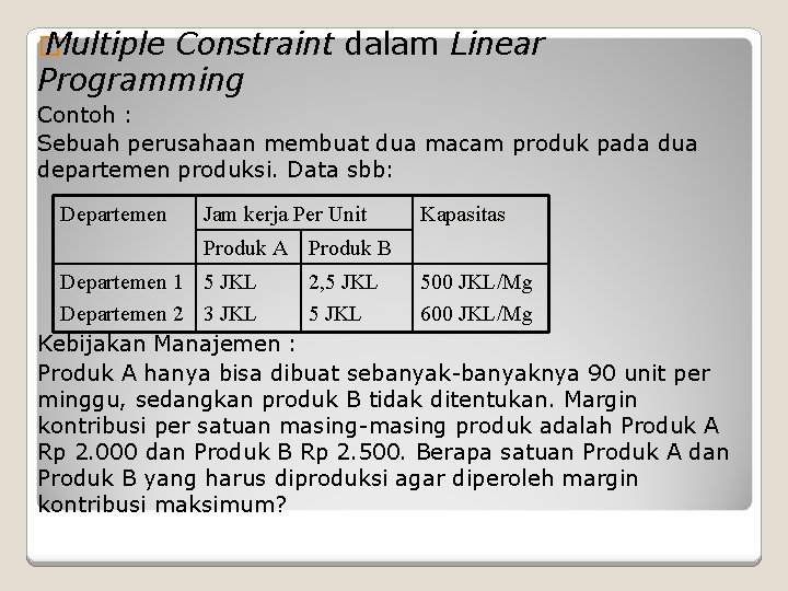 � Multiple Constraint dalam Linear Programming Contoh : Sebuah perusahaan membuat dua macam produk