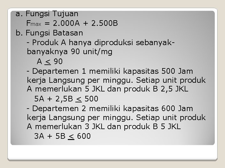 a. Fungsi Tujuan Fmax = 2. 000 A + 2. 500 B b. Fungsi