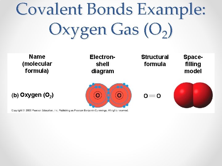 Covalent Bonds Example: Oxygen Gas (O 2) Name (molecular formula) Oxygen (O 2) Electronshell