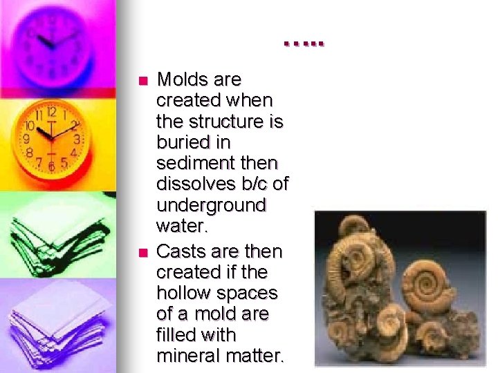 …. . n n Molds are created when the structure is buried in sediment