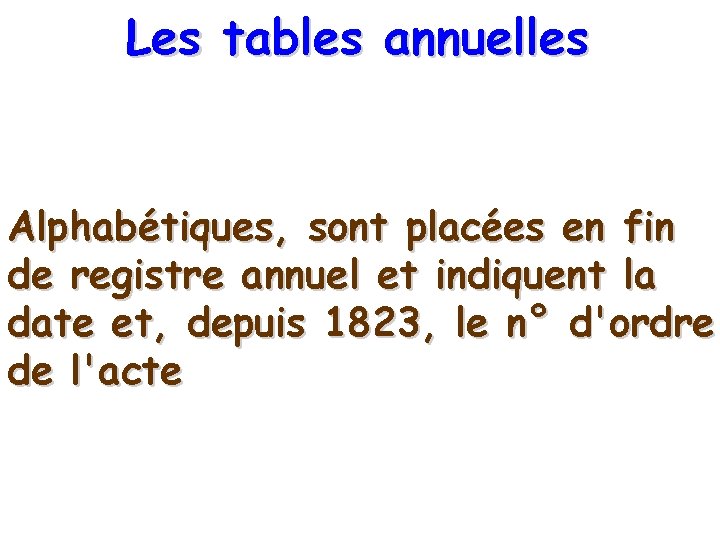 Les tables annuelles Alphabétiques, sont placées en fin de registre annuel et indiquent la