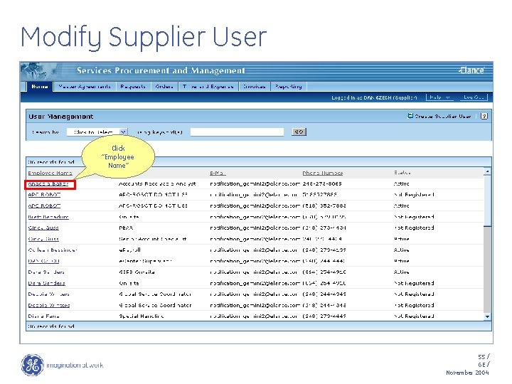 Modify Supplier User Click “Employee Name” 55 / GE / November 2004 