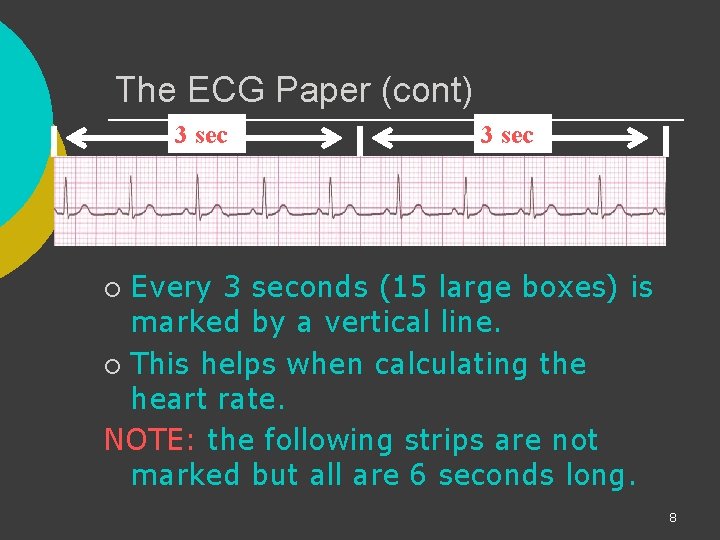 The ECG Paper (cont) 3 sec Every 3 seconds (15 large boxes) is marked