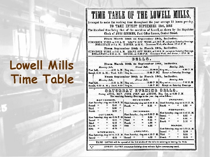 Lowell Mills Time Table 